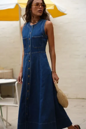 Denim|Dresses^Ceres Life Hazel Sleeveless Midi Shirt Dress Caspian Blue