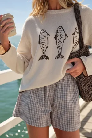 Sweats & Fleece|Knitwear^Ceres Life Mira Knitted Crew Ecru Chocolate Sardine