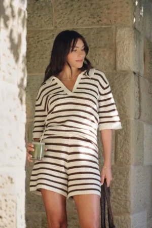 Short Sleeve Tops|Tops^Ceres Life Molly Textured Stripe Short Sleeve Knit Tunic Choc Stripe