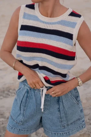 Short Sleeve Tops|Tops^Ceres Life Textured Multi Stripe Knit Tank Heritage Red Stripe